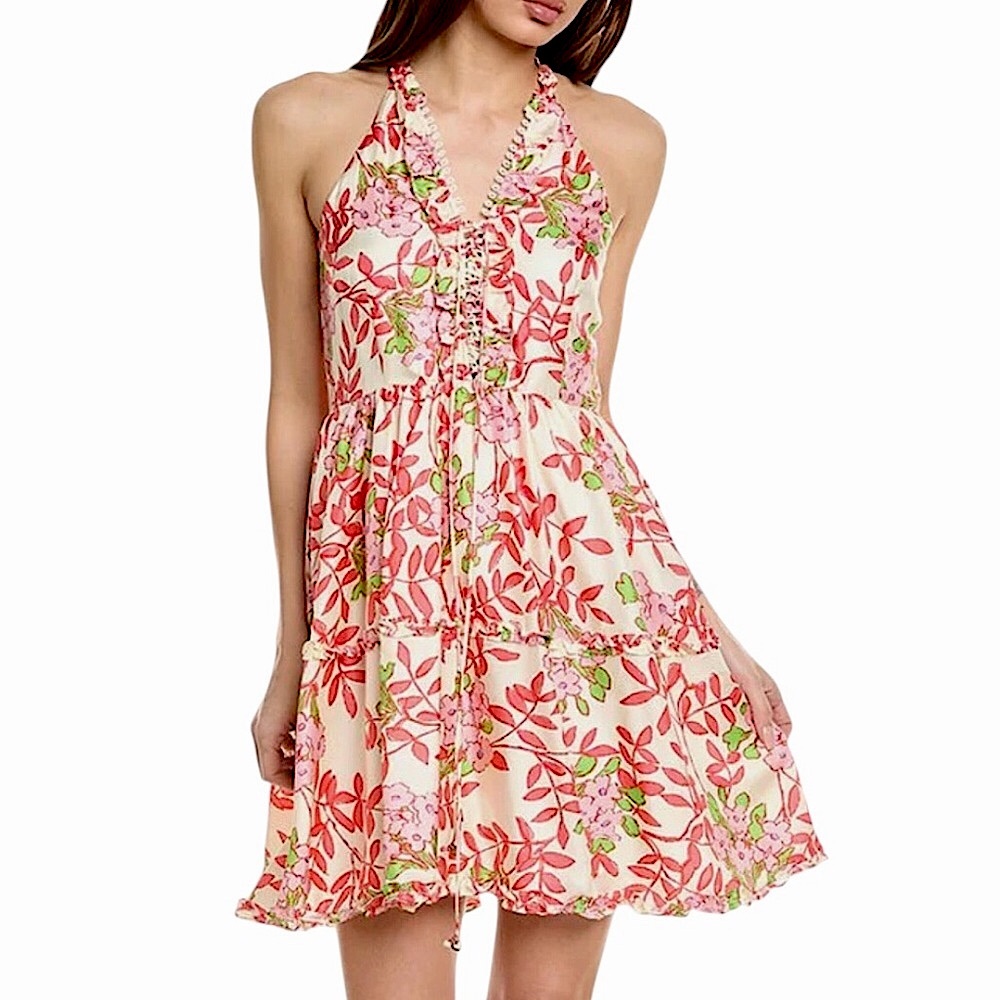 FLORA BEA NYC Dress Sorrel Silk Floral Tiered Halter Size S • NEW WITH TAGS •